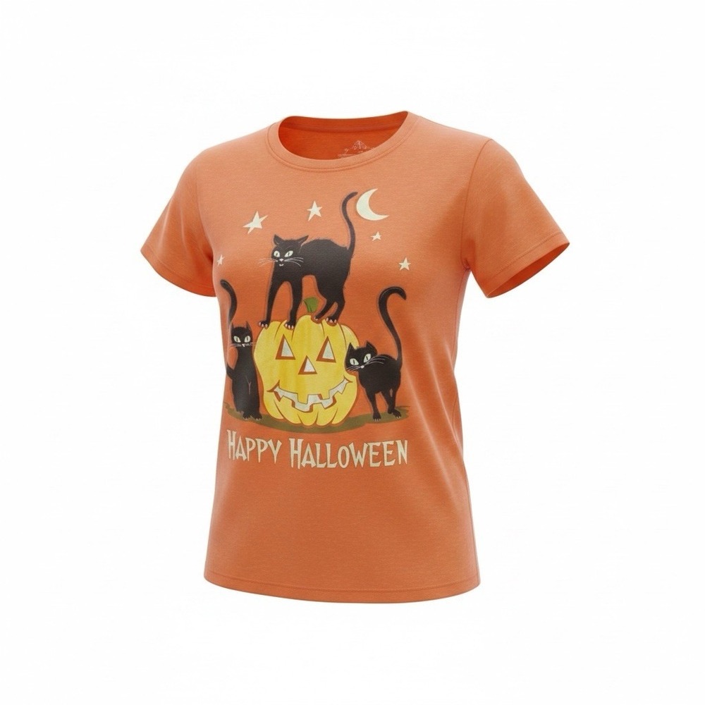 Halloween T-Shirt Happy Pumpkin W/Cats Women’s Size L (12-14) Orange Unbranded